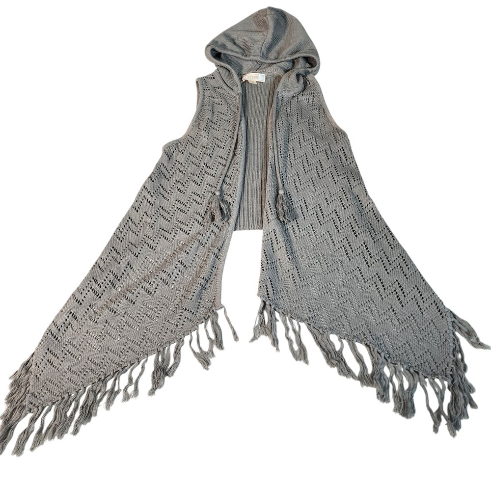 DECREE‎ Gray Crochet Knit Hooded Fringe Vest Cardigan Women's M M - Picture 2 of 10